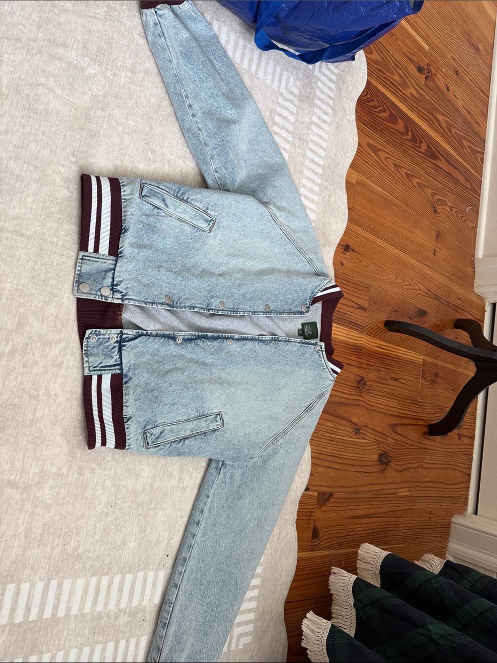 Light Wash Denim Bomber Jacket with Maroon Trim
